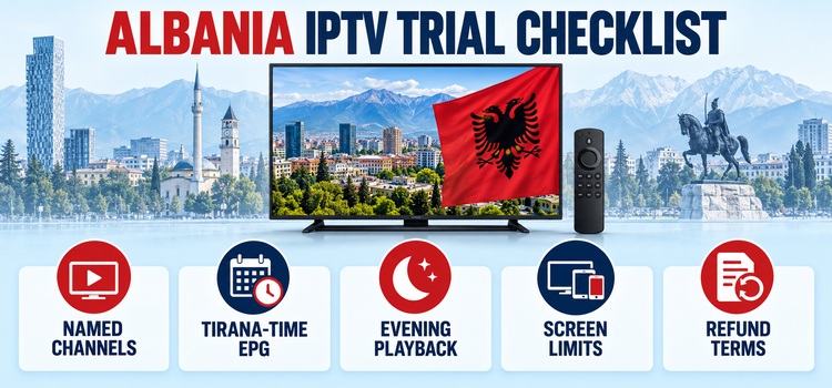 Albania IPTV trial checklist for named channels, Tirana-time EPG, evening playback, screen limits and refund terms