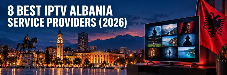 Best IPTV Albania Service Providers banner with Tirana skyline, smart television and Albanian flag
