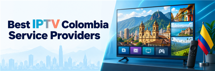 Best IPTV Colombia Service Providers comparison with a television, Colombian flag and city imagery