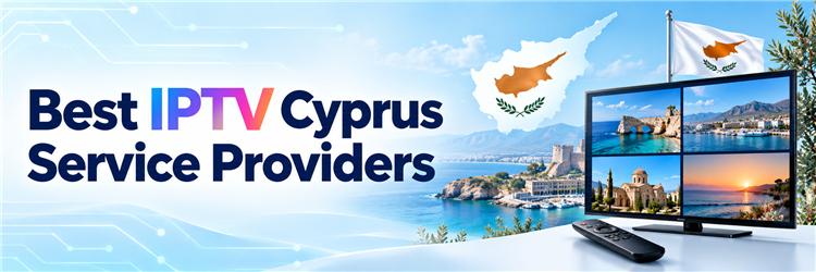 Best IPTV Cyprus Service Providers with a television, Cyprus island silhouette and coastal imagery