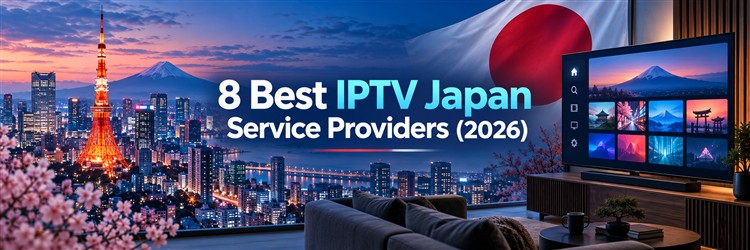 Best IPTV Japan Service Providers banner with Tokyo, Mount Fuji, a television and the Japanese flag