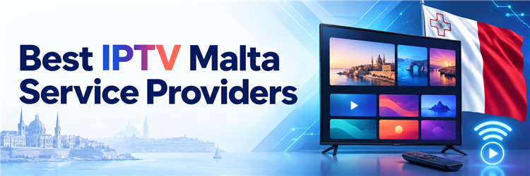 Best IPTV Malta Service Providers with a television, Malta flag and streaming symbols