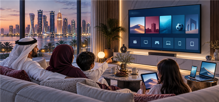Family comparing streaming services on a television in a Doha living room