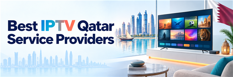 Best IPTV Qatar Service Providers banner with Doha skyline, Qatari flag and television