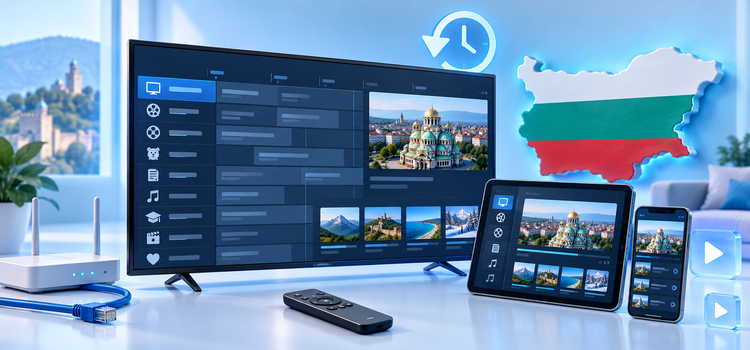 Bulgarian programme guide on TV, tablet and phone with router and flag map
