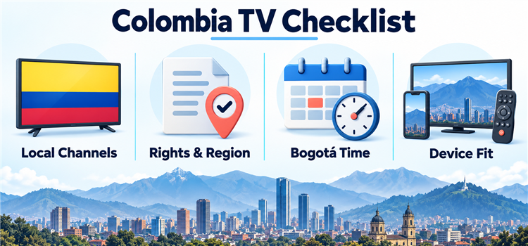Colombia TV checklist showing local channels, rights and region, Bogotá time and device fit