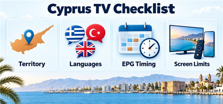 Cyprus TV checklist showing territory, languages, EPG timing and screen limits