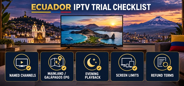 Ecuador IPTV trial checklist for named channels, mainland or Galápagos EPG, evening playback, screen limits and refund terms