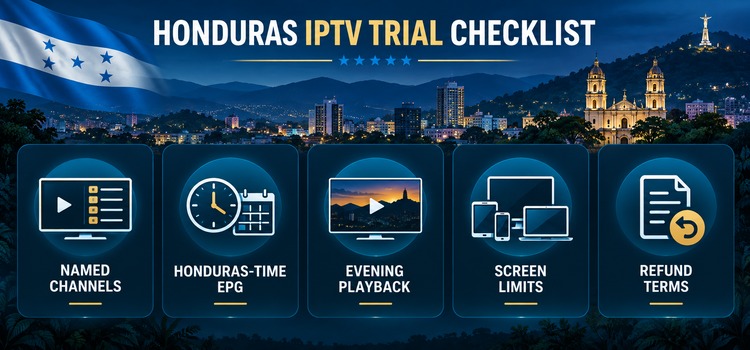 Honduras IPTV trial checklist for named channels, UTC minus six EPG, evening playback, screen limits and refund terms