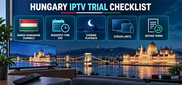 Hungary IPTV trial checklist for named channels, Budapest-time EPG, evening playback, screen limits and refund terms