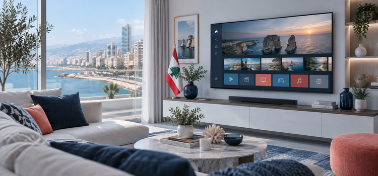 Living-room television and Beirut waterfront illustrating an IPTV device trial in Lebanon