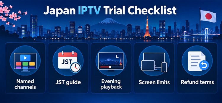 Japan IPTV trial checklist for named channels, JST guide, evening playback, screen limits and refund terms