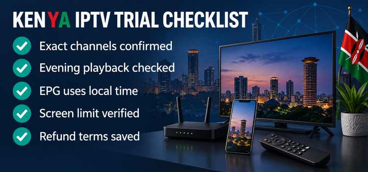 Kenya IPTV trial checklist for channels, evening playback, local EPG time, screen limits and refund terms