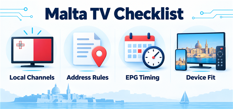Malta TV checklist covering local channels, address rules, EPG timing and device compatibility