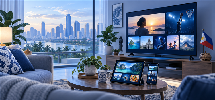 Philippine household comparing live TV on a television, tablet and phone