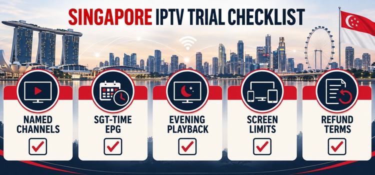 Singapore IPTV trial checklist for named channels, SGT-time EPG, evening playback, screen limits and refund terms
