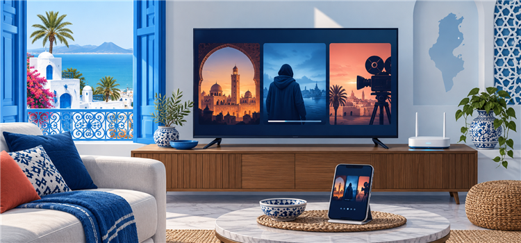 Tunisian home viewing setup with smart TV, phone and router