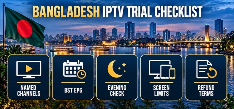 Bangladesh IPTV trial checklist for named channels, Bangladesh-time EPG, evening checks, screen limits and refund terms