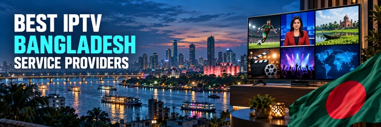 Best IPTV Bangladesh Service Providers banner with Dhaka skyline, entertainment television and Bangladesh flag