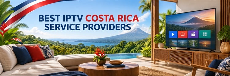 Best IPTV Costa Rica Service Providers comparison with a television, tropical landscape, and volcano