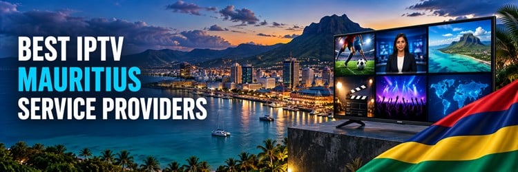 Best IPTV Mauritius Service Providers banner with Port Louis waterfront, entertainment television and Mauritius flag