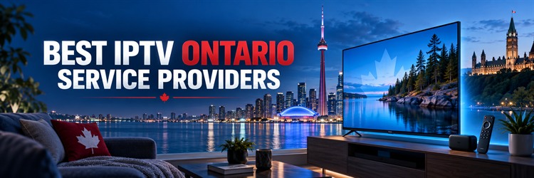 Best IPTV Ontario Service Providers banner with Ontario skylines, lakeside television and Canadian design accents