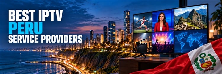 Best IPTV Peru Service Providers banner with Lima coastline, entertainment television and Peruvian flag