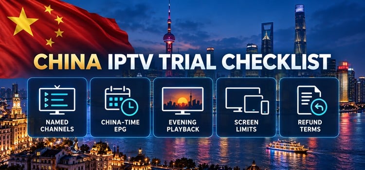 China IPTV trial checklist for named channels, China-time EPG, evening playback, screen limits and refund terms