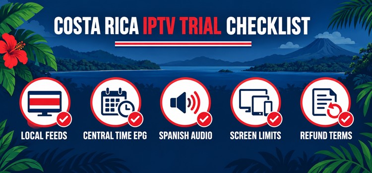Costa Rica IPTV trial checklist for local feeds, Central Time EPG, Spanish audio, screen limits, and refund terms