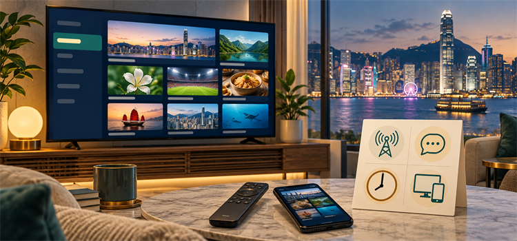 Hong Kong IPTV trial checklist illustration with a television guide, broadcast tower, speech bubble, clock, and multiple screens