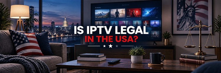 Is IPTV legal in the USA editorial banner with television, American flag colors and scales of justice