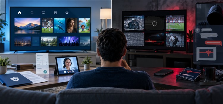 Viewer comparing accountable internet television service indicators with suspicious anonymous streaming seller warning signs