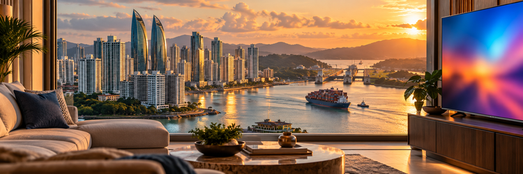 Panama City skyline, Panama Canal, and living-room television