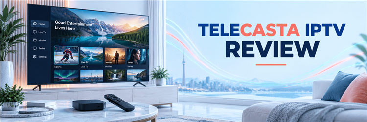 TeleCasta IPTV Reviews hero with a television, streaming interface and remote