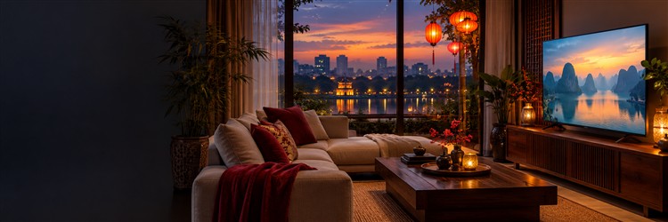 Vietnam IPTV service comparison in a living room overlooking a Vietnamese city at dusk