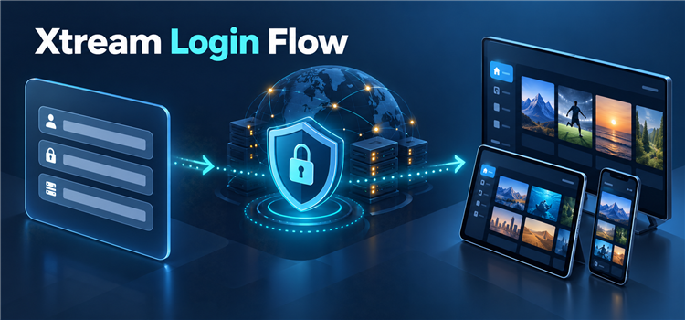 Secure Xtream login flow from credentials to compatible viewing devices